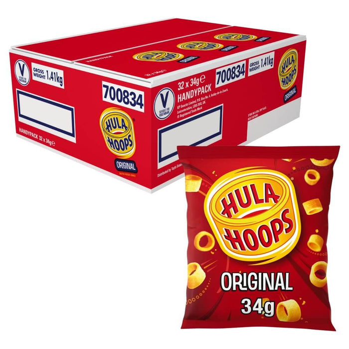 A red box of Hula Hoops Original (Box of 32 Packets, 34g each) by Hula Hoops is shown, with a single red packet featuring the yellow logo and “Original 34g” displayed in front.