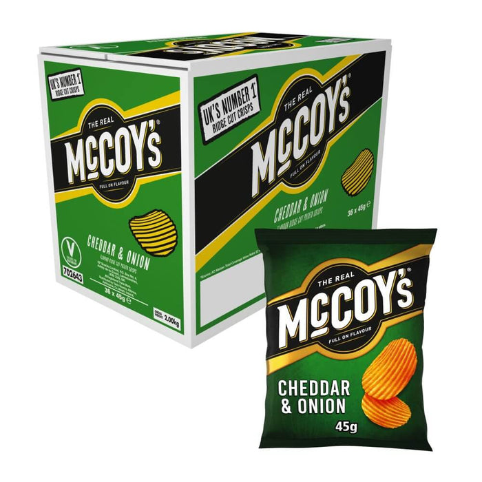 A box of McCoys Cheddar & Onion Crisps (36 x 45g) in green packaging with yellow and white text, featuring bold branding and ridge cut crisps.