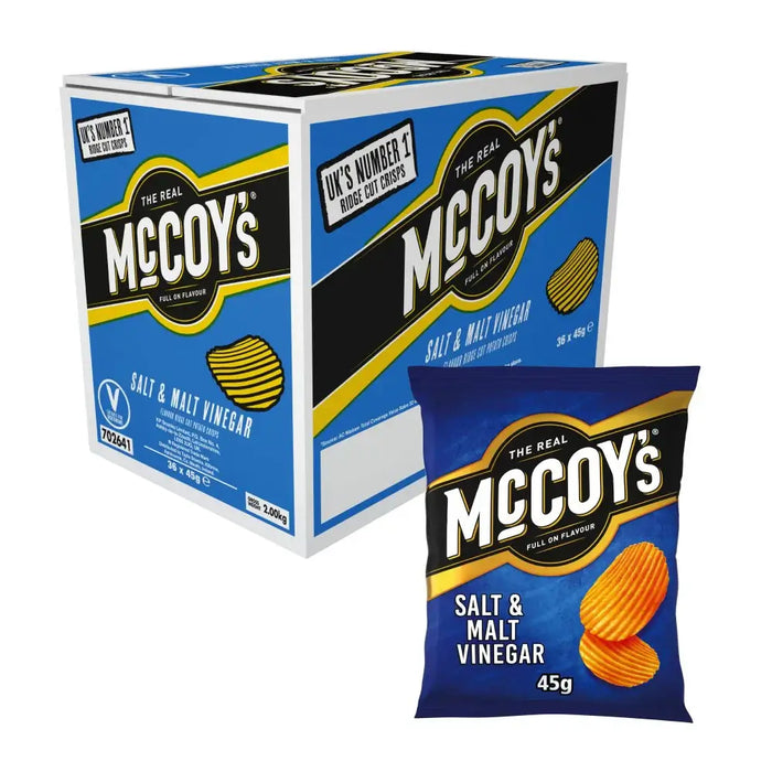 A McCoys Ridge Cut Salt and Vinegar box (36 x 45g packets) displays seaside-inspired design with ridged potato chips, bold white and gold text, and a 45g packet in front—both featuring the signature branding.