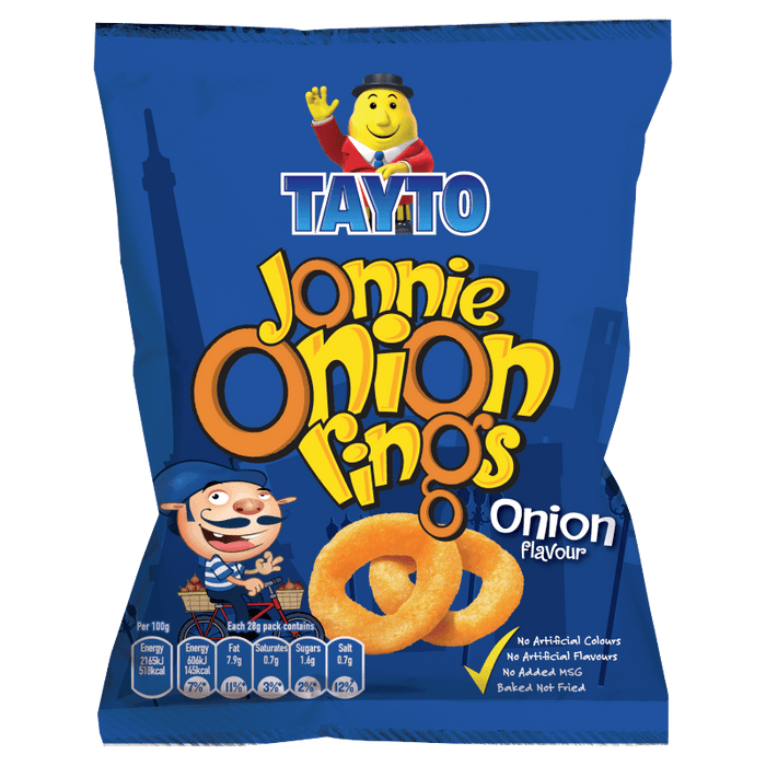 Tayto Jonnie Onion Rings packaging with cartoon characters on a blue background