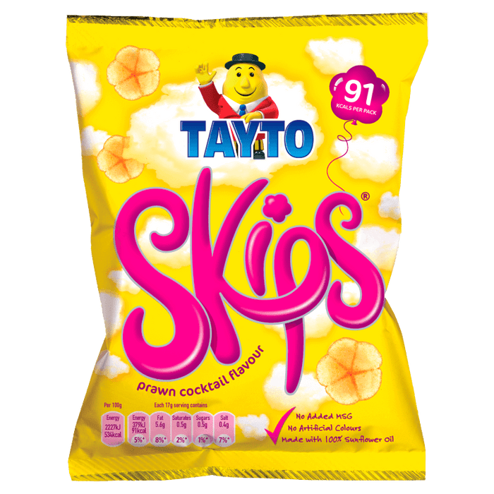 Tayto Skips prawn cocktail flavor packaging with yellow background