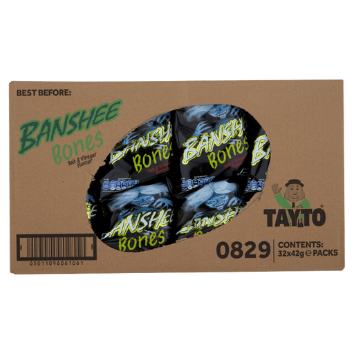 Cardboard packaging of Banshee Bones with Tayto branding