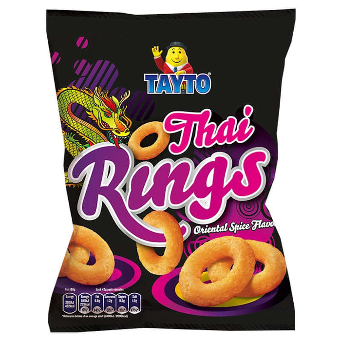 Tayto Thai Rings snack package with colorful design and dragon illustration on a black background