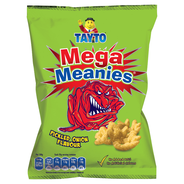 Green packet of Tayto Mega Meanies with a red monster graphic on a white background