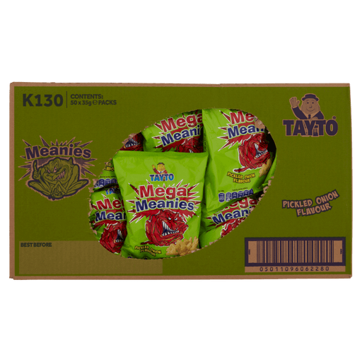 Box of Tayto Mega Meanie snacks with green packaging and visible branding.
