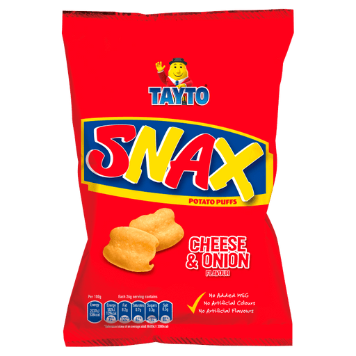 Red packet of Tayto Snax Cheese & Onion flavor potato puffs on a white background