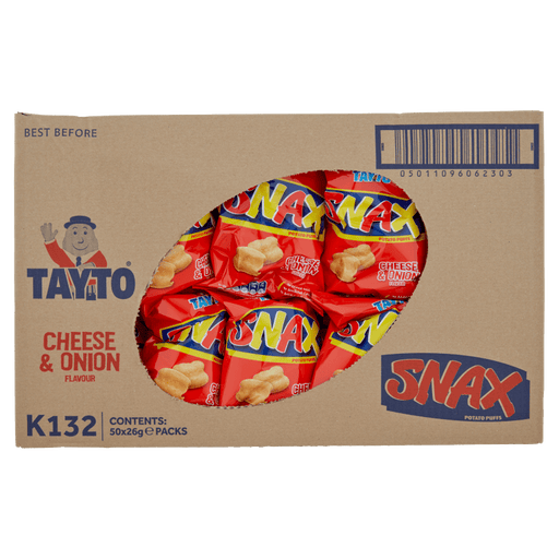 Box of Tayto Snax Cheese & Onion flavor on a black background