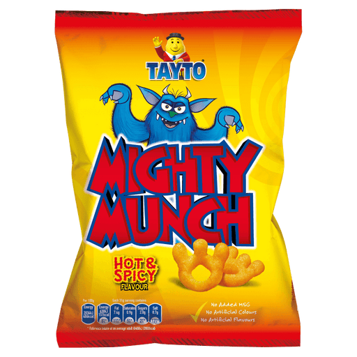 Tayto Mighty Munch Hot & Spicy flavor packet with a blue monster character on a yellow background