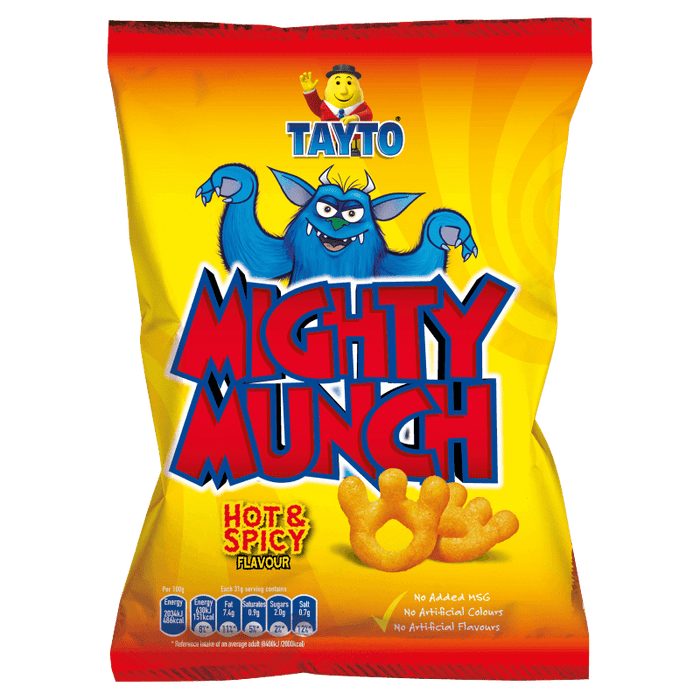 Tayto Mighty Munch Hot & Spicy flavor packet with a blue monster character on a yellow background