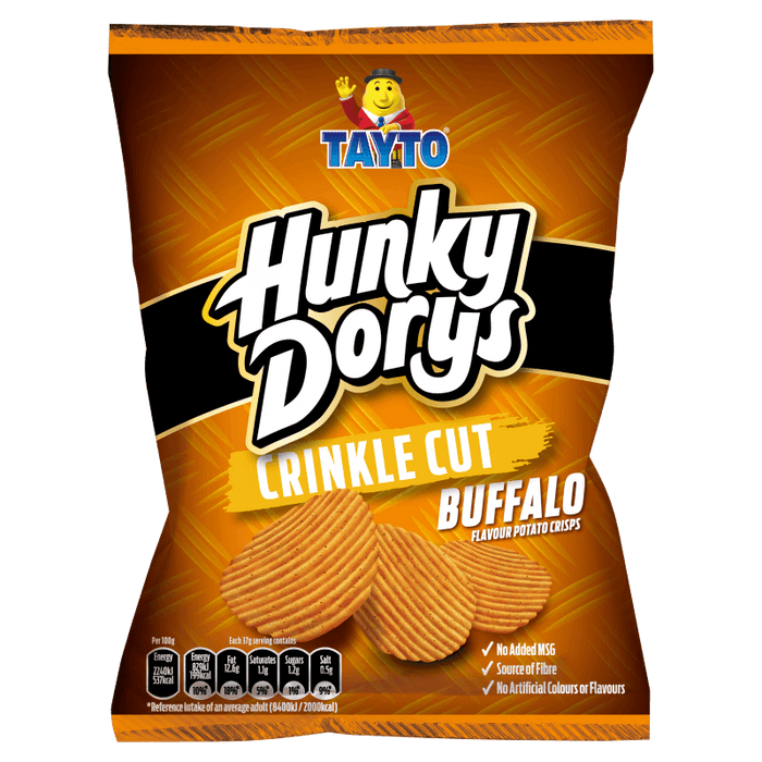 Packaging of Tayto Hunky Dorys Crinkle Cut Buffalo flavored potato chips on a white background