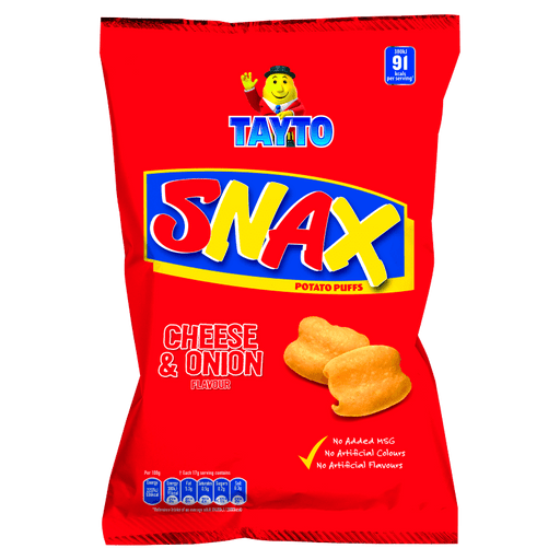Red packet of Tayto Snax Cheese & Onion potato puffs on a white background