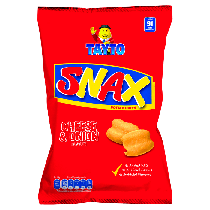 Red packet of Tayto Snax Cheese & Onion potato puffs on a white background