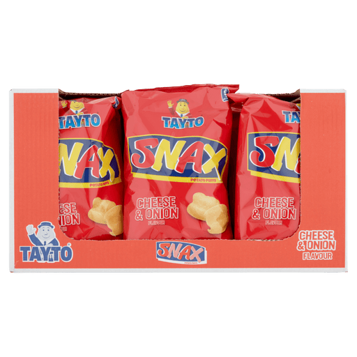 Three red packets of Tayto Snax Cheese & Onion flavor in a box on a white background