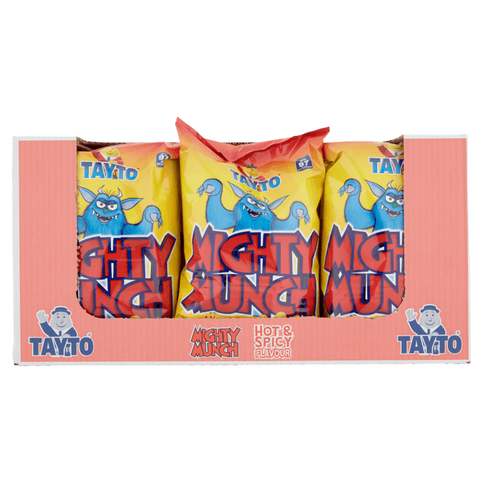 Tayto Mighty Munch snack packets in a box on a white background
