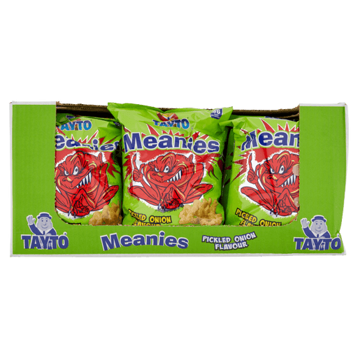 Pack of Tayto Meanies snacks with green packaging and red characters on a white background