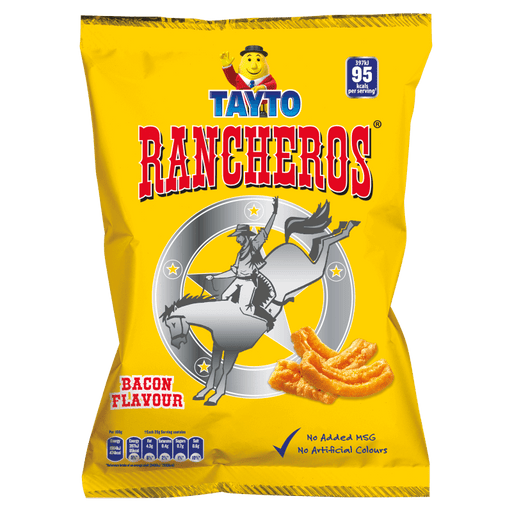 Tayto Rancheros bacon-flavored chips packaging on a yellow background