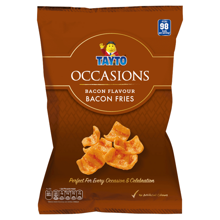 Packaging of Tayto Occasions Bacon Flavour Bacon Fries on a brown background