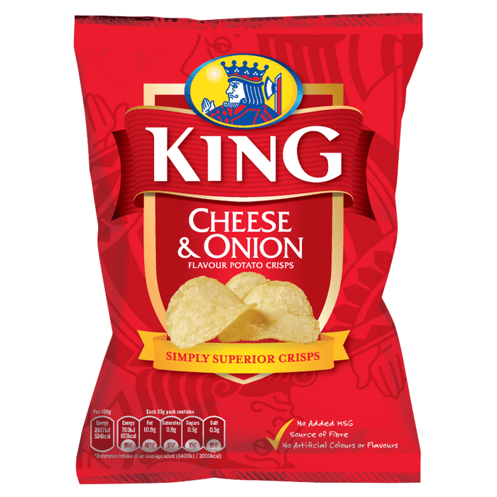 Red package of King Cheese & Onion potato crisps on a white background