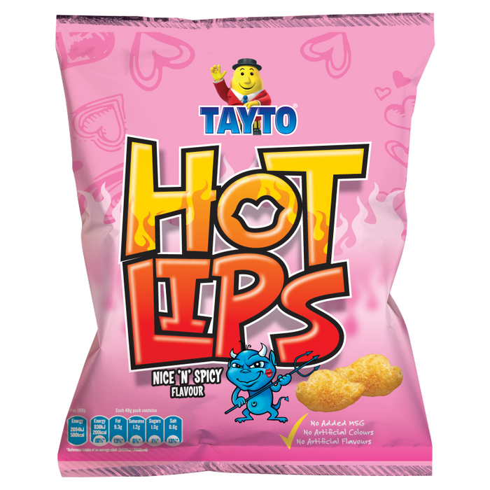 Pink packaging of Tayto Hot Lips with colorful text and graphics on a white background
