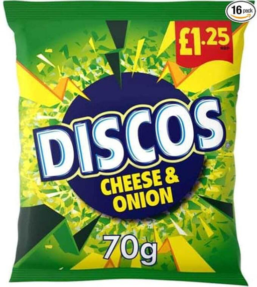 Pack of Discos Cheese & Onion flavored snacks with green and yellow design.