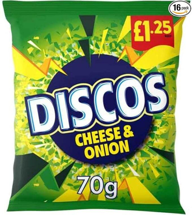 Pack of Discos Cheese & Onion flavored snacks with green and yellow design.
