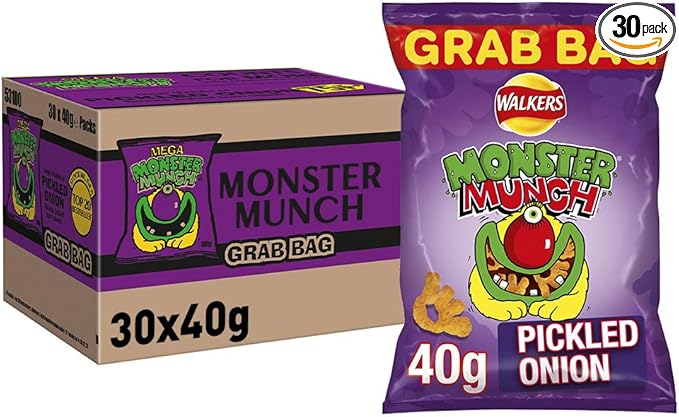 Walkers Monster Munch Pickled Onion snack packaging with a box of the product.
