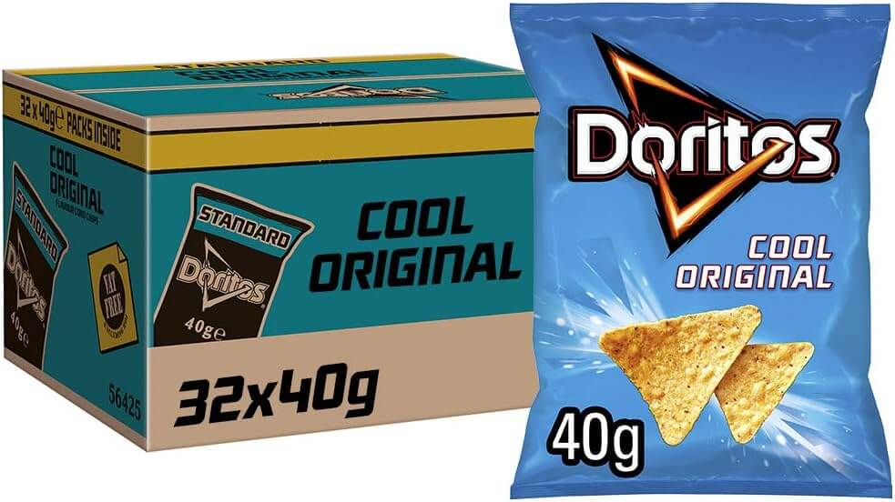 A 40g packet of Doritos Cool Original rests beside a Doritos Cool Original Box of 32 Packets (40g each). The blue bags, featuring two chips on the front, are great for sharing bold Doritos flavour with friends.