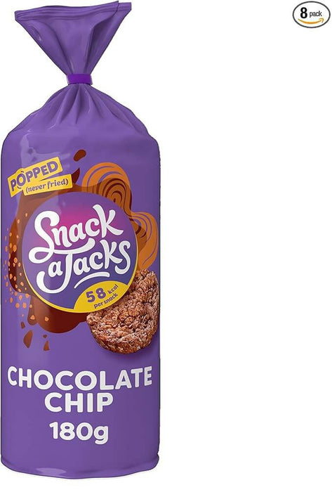 Purple package of Snack a Jacks Chocolate Chip cookies on a white background