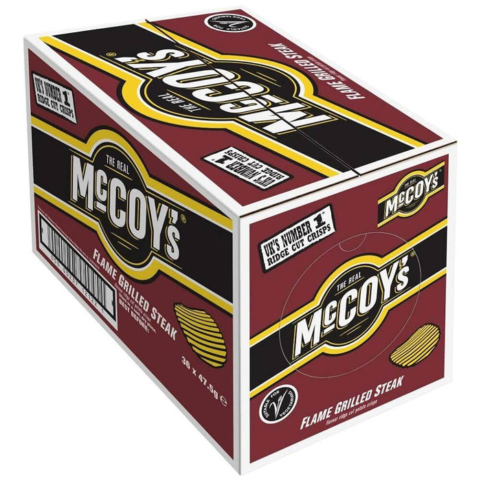 A box of 36 McCoys Ridge Cut Flame Grilled Steak crisps (45g each) in branded maroon, white, and yellow packaging featuring ridged crisp imagery and the claim UK’s Number 1 Ridge Cut Crisps.