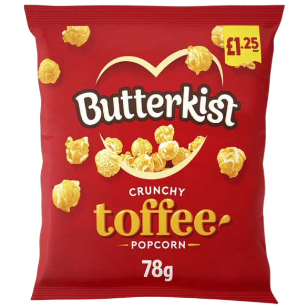 Red Butterkist bag featuring crunchy toffee popcorn