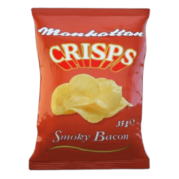 A 35g red bag of Manhattan Crisps Smoky Bacon features vegan potato crisps on the packaging, with bold yellow and white text. Brand: Manhattan.