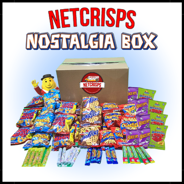 A colorful assortment of snacks displayed around a cardboard box labeled "NETCRISPS NOSTALGIA BOX," evoking childhood memories.