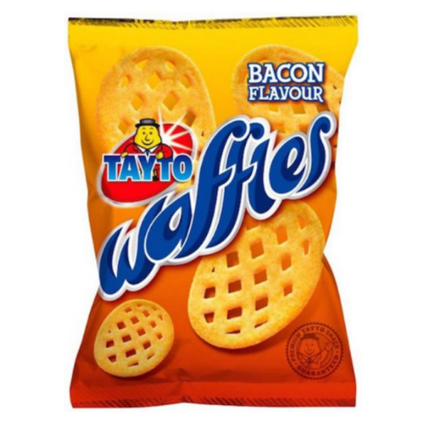 A vibrant bag of Tayto Waffles in bacon flavor, featuring crisp waffle-shaped snacks against a bright orange background.