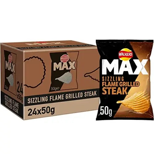 A Box of Walkers Max Sizzling Flame Grilled Steak (24 x 50g) offers bold, ridged potato crisps with signature Walkers branding for a satisfying snack.