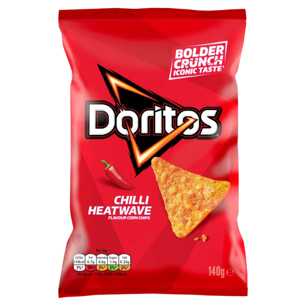 A bright red bag of Doritos Chilli Heatwave corn chips featuring a bold logo and an illustration of a chili pepper.