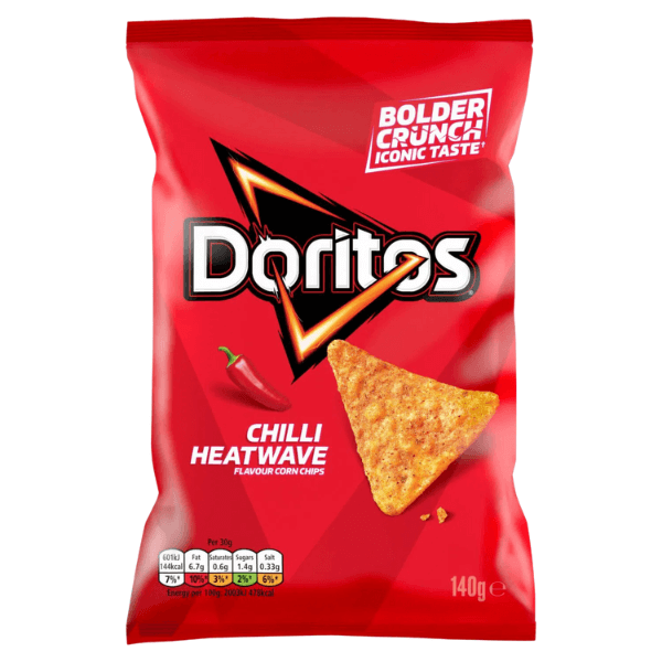 A large box of Doritos Chilli Heatwave contains 12 sharing bags (140g each) featuring the bold Doritos logo, chili pepper graphic, chip image, and “Bolder Crunch Iconic Taste” on the packaging.