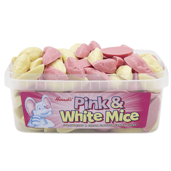 A clear plastic tub with 120 pink and white mouse-shaped strawberry & cream candies. The label says Alma Pink & White Mice by Alma Confectionery and features a cartoon mouse on a pink background. Enjoy these tasty treats!.