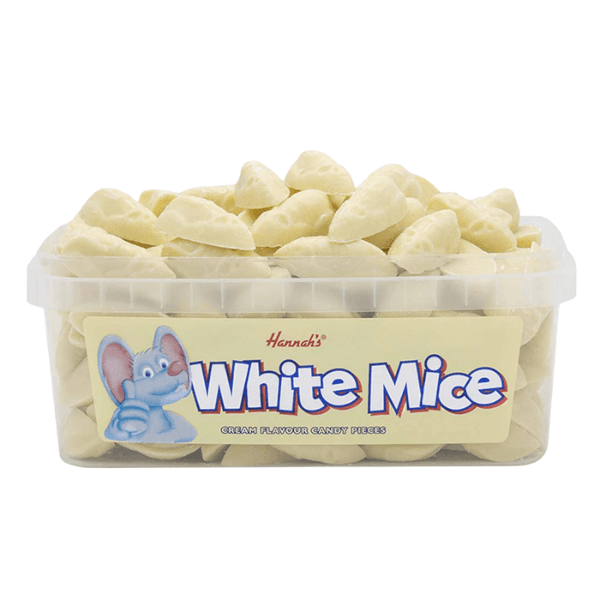 A clear tub of Alma White Chocolate Mice from Alma Confectionery, containing 120 creamy white chocolate mice-shaped candies, perfect for white chocolate lovers. Features a charming cartoon mouse on the label.