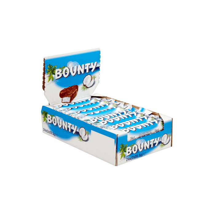 A box of 24 Bounty Chocolate Bars (57g) by Mars is open, displaying individually wrapped milk chocolate bars in blue and white packaging with coconuts, palm trees, the Bounty logo, and responsibly sourced cocoa.