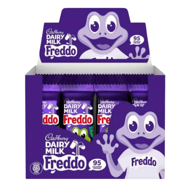 A Cadbury Freddo Chocolate Bar 18g (Box of 60) features a smiling purple cartoon frog mascot and text highlighting 95 calories per bar, with several individually wrapped Cadbury chocolate bars visible inside.