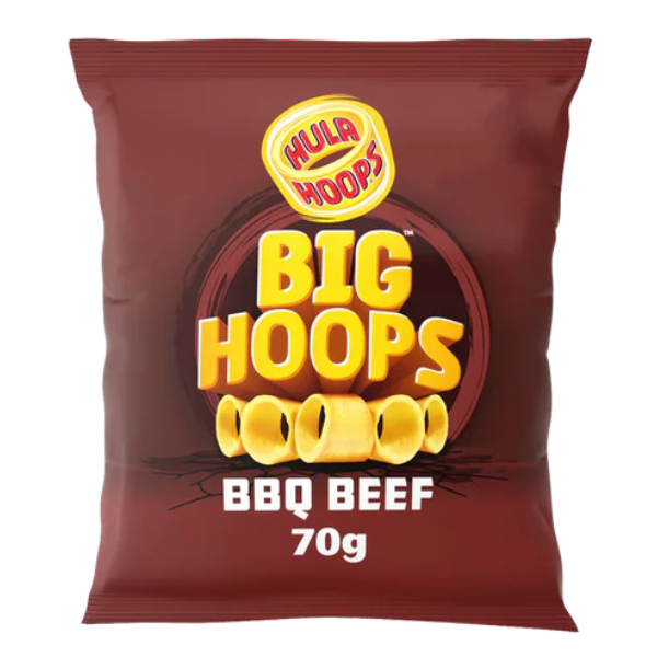 A 70g bag of Hula Hoops Big Hoops snacks in BBQ Beef flavor, featuring bold yellow text on a brown background.