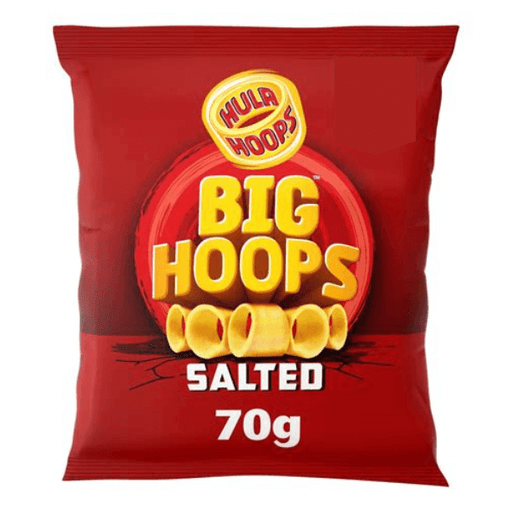 A box of Hula Hoops Big Hoops Salted, containing 20 large 70g sharing bags. Each red bag features bold yellow and white text and images of large, ring-shaped crisps. Best before 23/08/25.