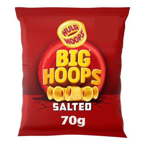 A bright red 70g snack bag of Hula Hoops Big Hoops, labeled "Salted," featuring bold yellow text and a circular logo.