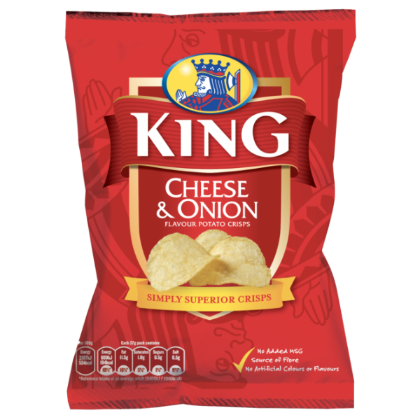 Red packaging featuring "King Cheese & Onion Flavour Potato Crisps" with a crown logo and tagline "Simply Superior Crisps."