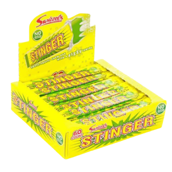 A Swizzels Box of Stinger Chew Bars (60 x 18g) features individually wrapped, bright yellow and red bars. Candy is vegan, gluten free, contains no artificial colours.