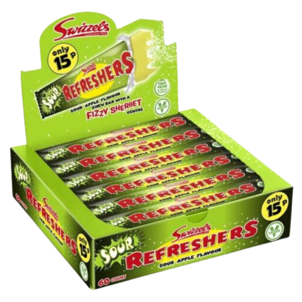 A display box of Swizzels Sour Refreshers, featuring sour apple-flavored fizzy bars with 60 bars inside.