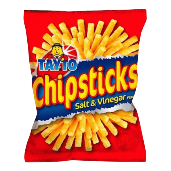 A box of 60 Tayto Chipsticks Salt & Vinegar (28g each), featuring the Tayto logo and image of crunchy french fry snacks on the red packaging.