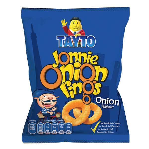 Blue Tayto bag featuring Jonnie Onion Rings snack, showcasing the logo and cartoon characters with a playful onion flavor theme.