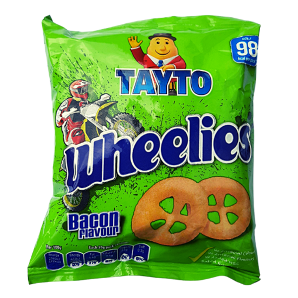 Tayto Wheelies snacks featuring bacon flavor, with an image of two wheeled-shaped snacks