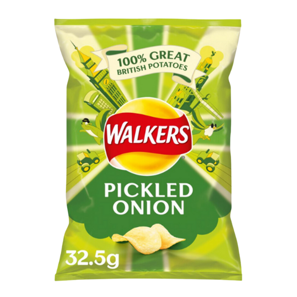 A green bag of Walkers Pickled Onion crisps, featuring the brand logo prominently in red and white, with text stating "100% Great British Potatoes" and "32.5g" at the bottom. The background includes illustrations of British landmarks and agricultural elements, emphasizing the product's British heritage and flavor profile.